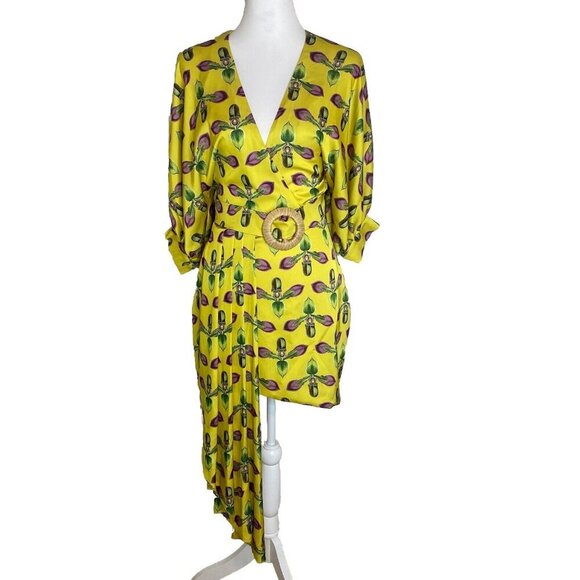 PatBo Asymmetrical Belted Floral Mini Dress Puff Sleeves Satin Yellow Size 4 - Picture 6 of 15